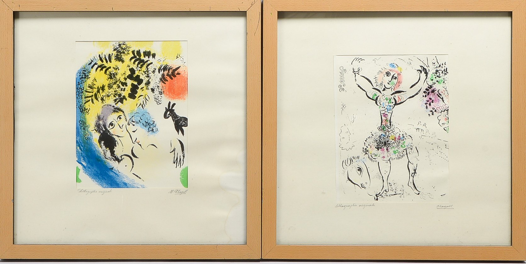 Marc Chagall (1887 - 1985), 'La Jongleuse' und 'Die Verliebten mit roter Sonne', 2 Farblithographien