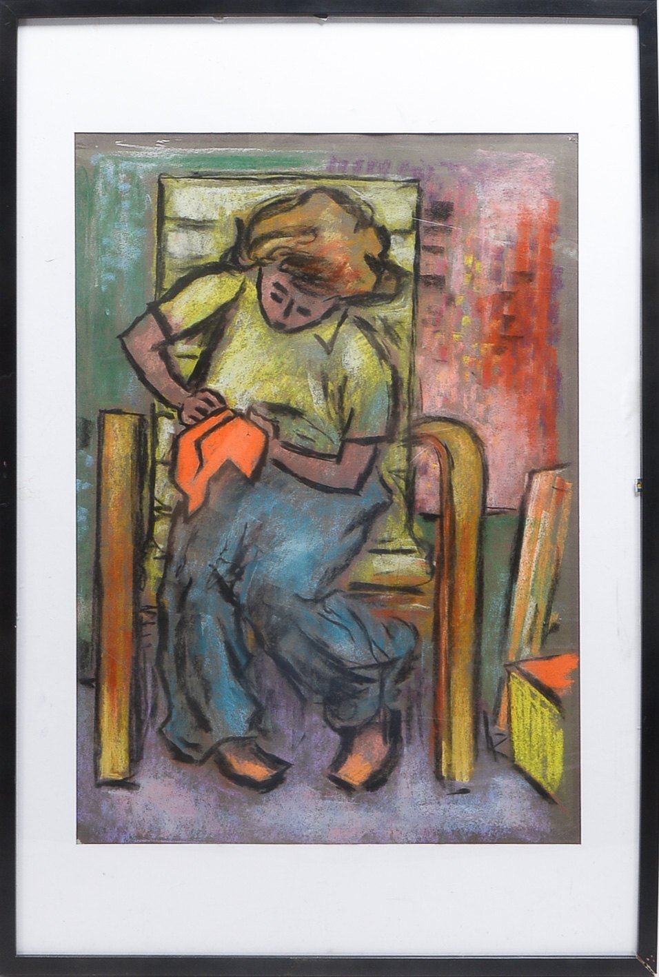 Unbekannter Künstler, 'Mädchen beim Sticken', Pastell/Papier, unsigniert, gerahmt; Auschnittmaße 68,