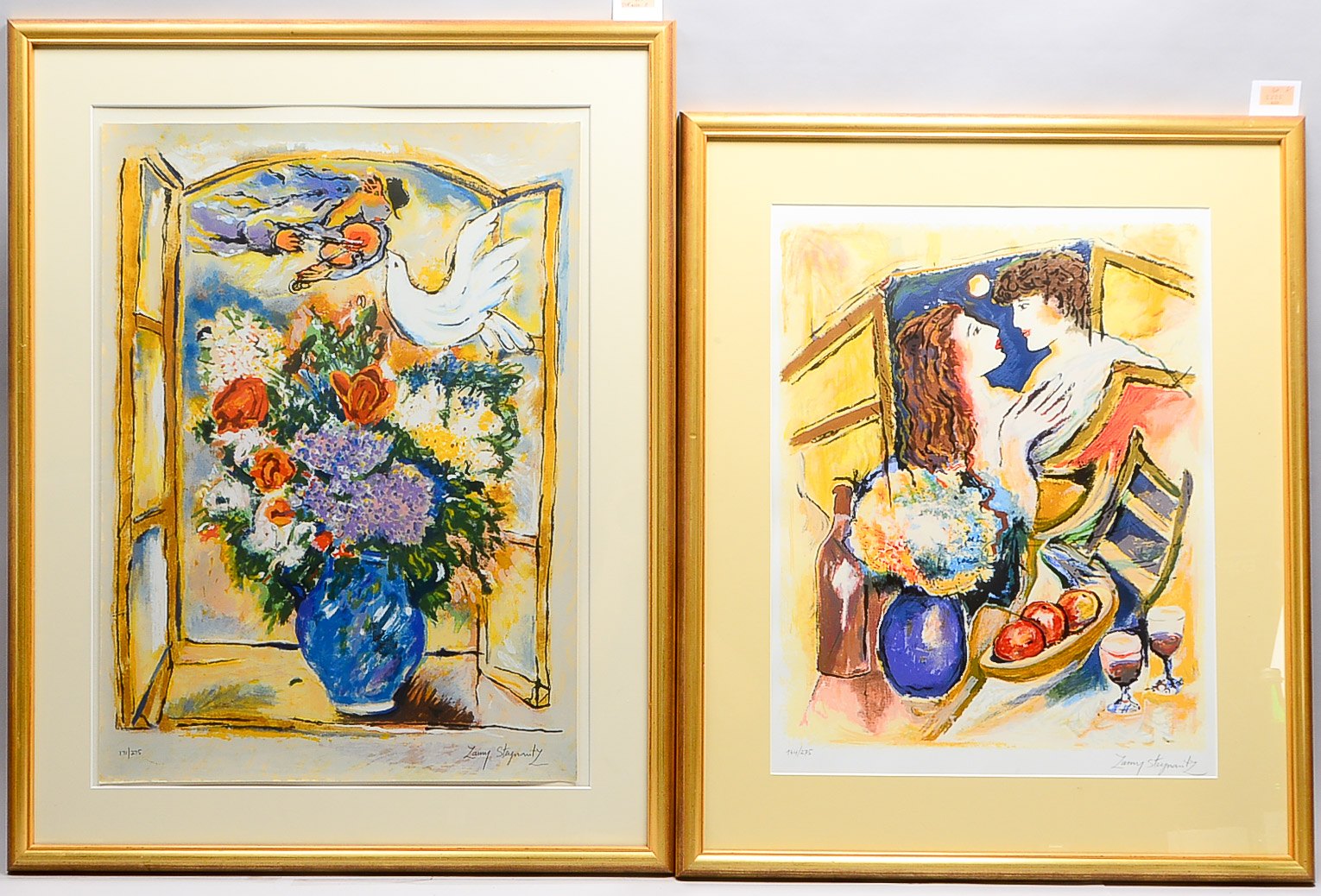Steynovitz, Zamy (1951 Legnica, Polen - 2000 Israel), 'Blumenstrauß mit Taube' und 'Romantischer Abe