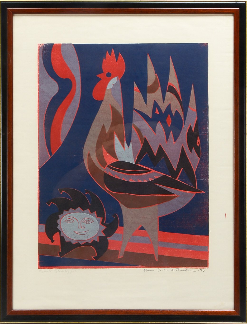 Lorensen, Hans Gerhard (1923 - 1999) Norwegischer Künstler, 'Roter Hahn", Holzschnitt, Blei bezeichn