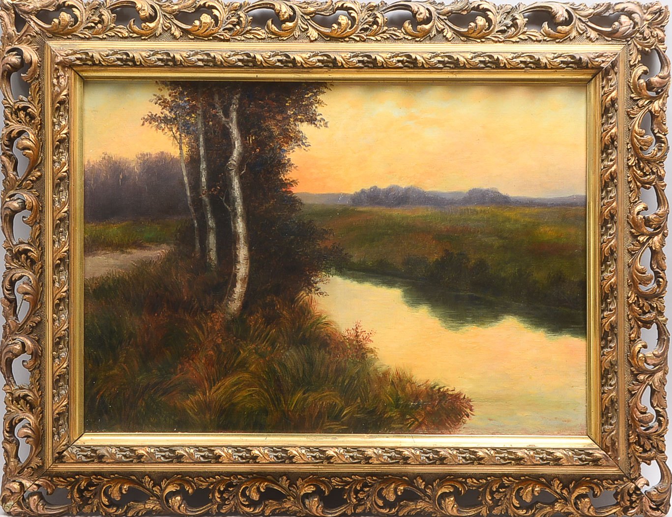 Ölgemälde, "Birken am Bachlauf in der Abendsonne", Öl/Lw, unsigniert, in Prunkrahmen mit Akanthusdek