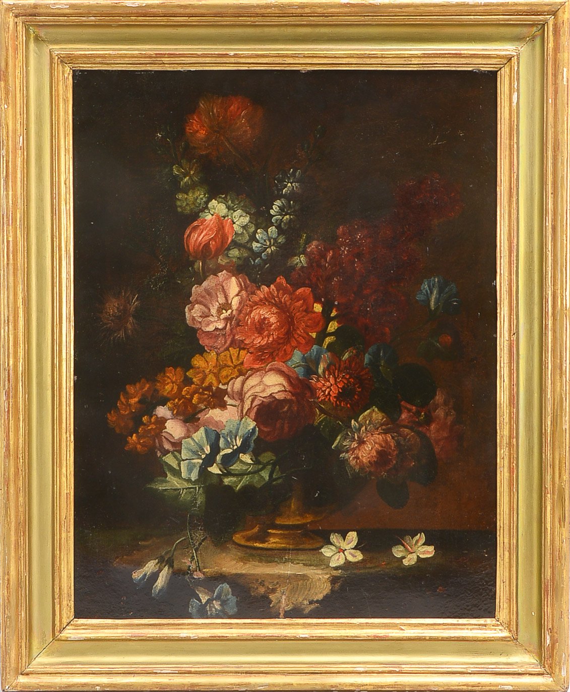 Antikes Ölgemälde, 'Blumenstillleben', Öl/Lw, doubliert, unsigniert, gerahmt, der Hintergrund ist im