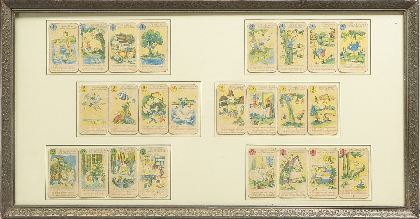 Antikes Kartenspiel, Quartett. wohl Wunsch- oder Reime-Quartett, um 1920/25, vollständig, hinter Gla