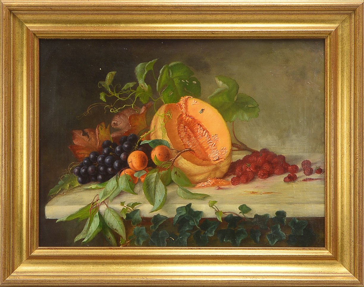 Gemälde, 'Tischstillleben mit Kürbis, Trauben und Himbeeren', Öl/Lw, unsigniert, gerahmt; Bildmaße 4