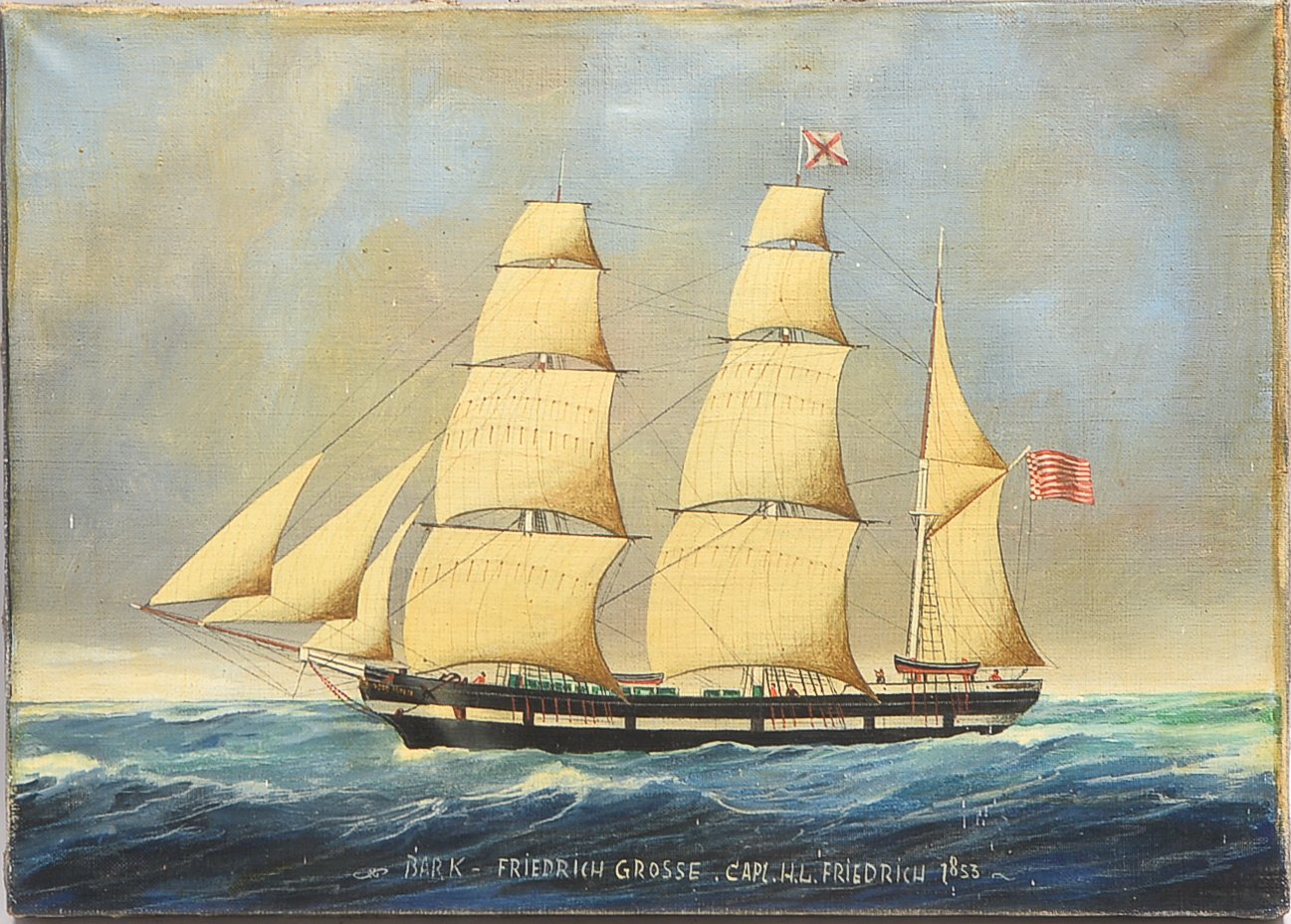 Ölgemälde, 'Dreimastbark mit Bremer Speckflagge', Öl/Lw, unten bezeichnet: 'Bark-Friedrich Grosse-Ca
