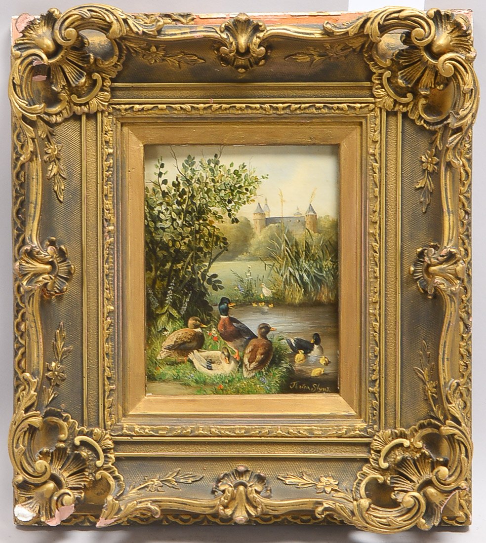 Th. van Sluys, 'Enten am Teich', Öl/Holz, unten rechts signiert 'Th. van Slyus', im Prunkrahmen; Bil