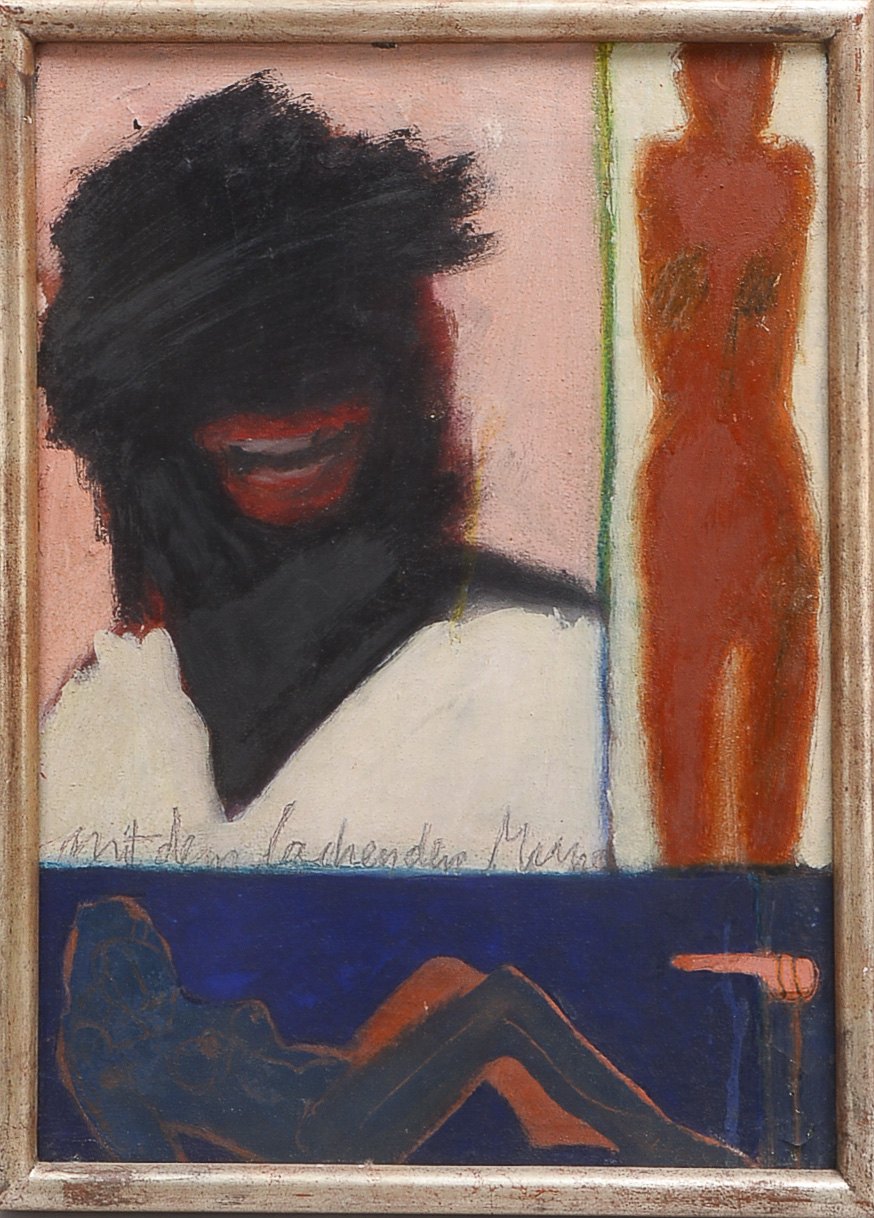 Düwel, Matthias (*1957),'mit lachendem Manne', Öl/Lw, im Bild betitelt, verso signiert und datiert '