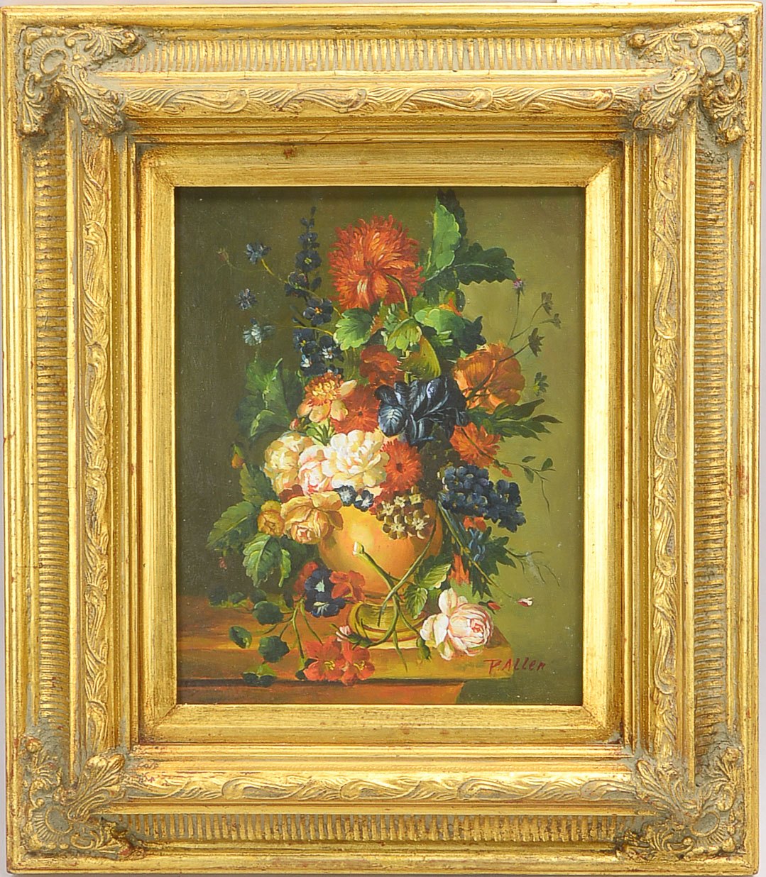 Allen, P., Ölgemälde, 'Opulentes Blumenbouquet', Öl/Holz, in altmeisterlicher Malweise, unten rechts
