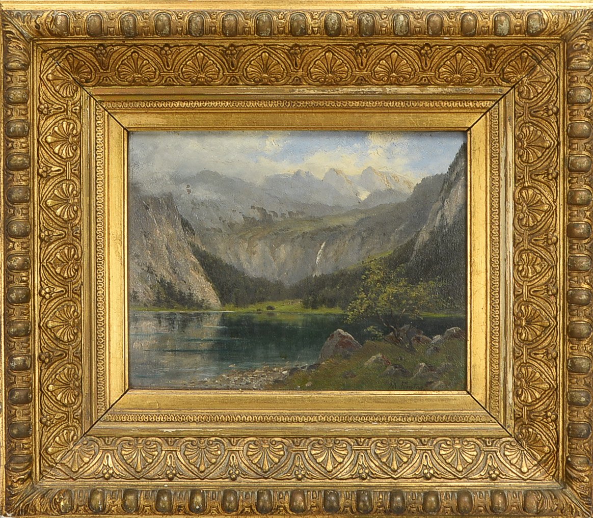 Gemälde, 'Alpensee mit Bergpanorama', unleserlich signiert, Öl/Holzplatte, gerahmt; Rahmenmaße 40 x