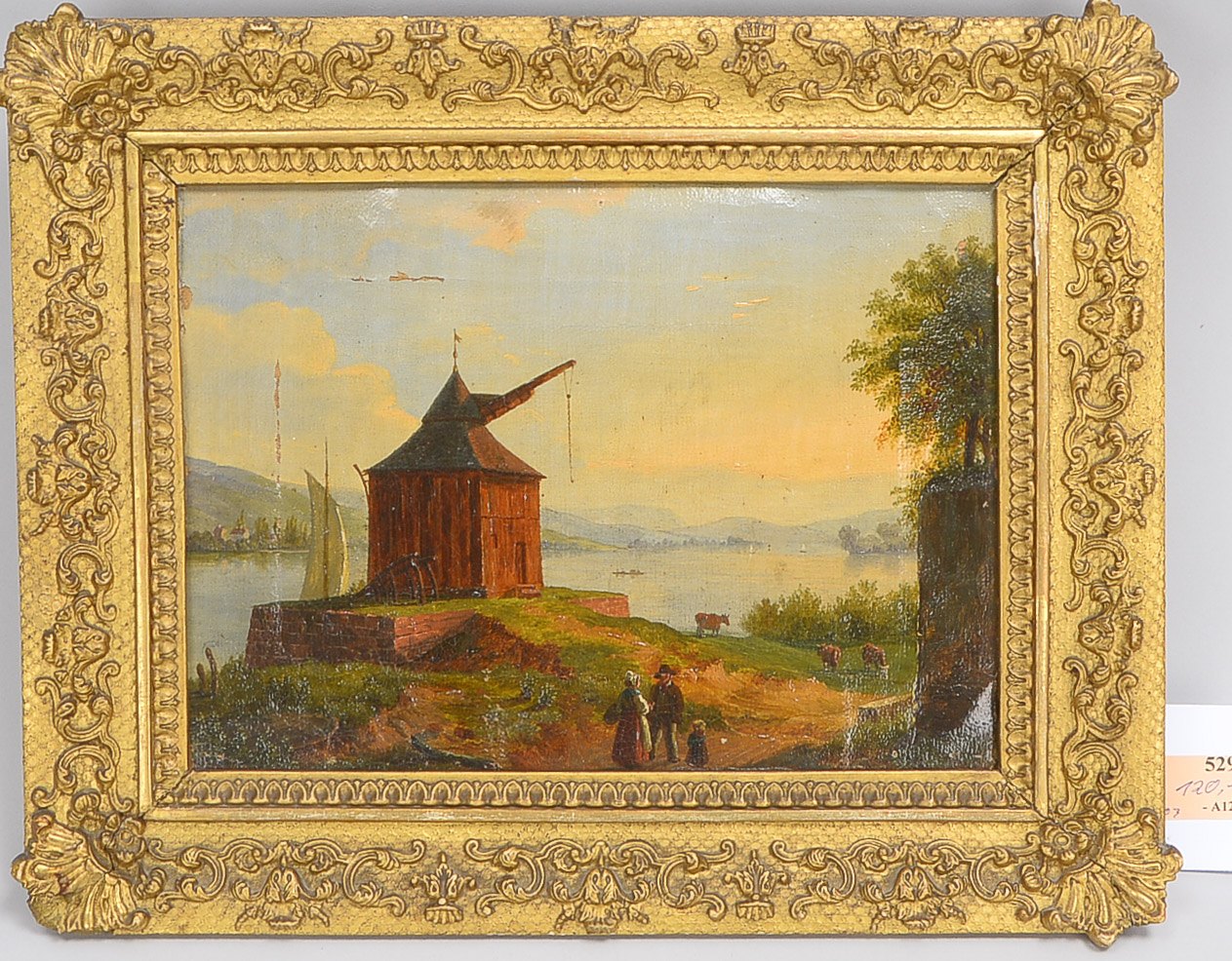 Gemälde, 'Oestrich am Rhein, unsigniert, verso datiert 1842 und ortsbezeichnet, Öl/Lw, gerahmt; Rahm