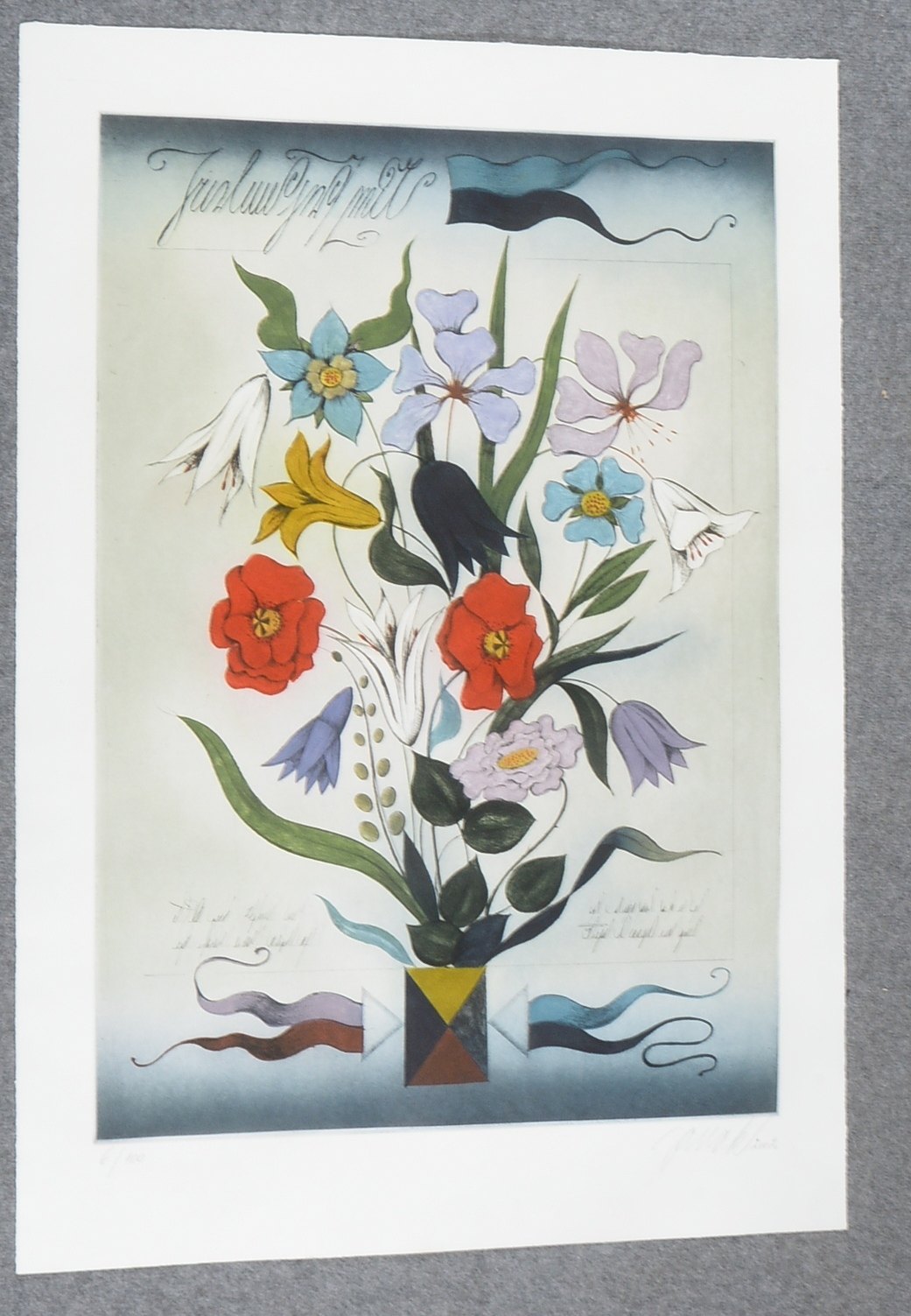Janak, Alois (1924 - 2024, tschechischer Künstler), 'Blumenbouquet', große Farbradierung, Auflage-Nr