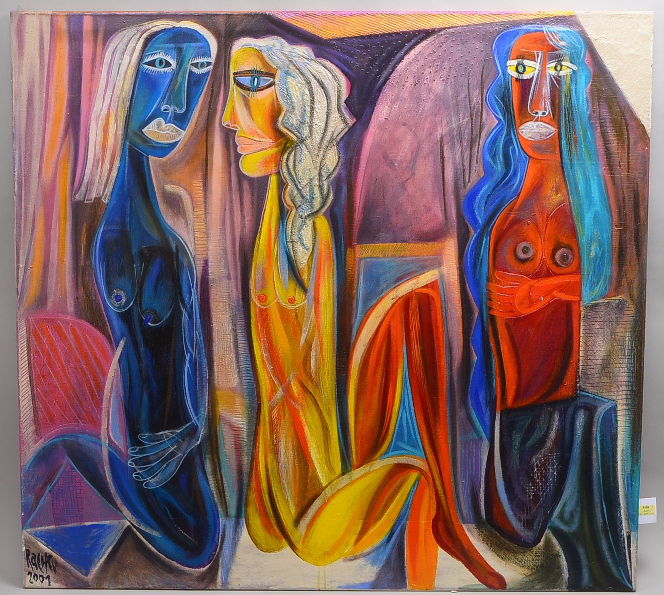Rachev, Rumen, Drei Models, Acryl/Sand auf Leinwand, sign./dat.; BM 120 x 130 cm