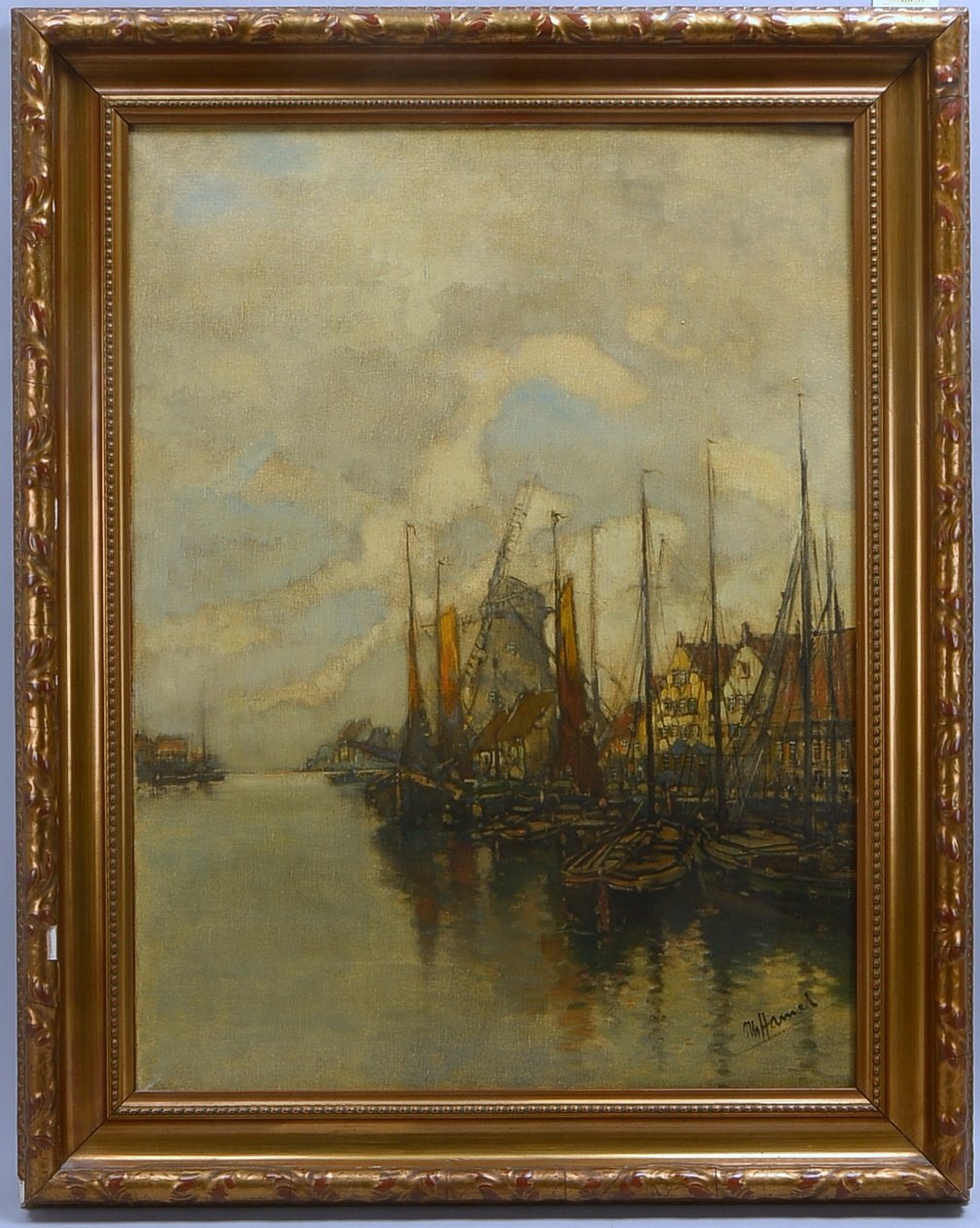 Hamel, Otto, Flussszene mit Booten und Stadtpanorama, Öl/Lw, sign.; RM 99 x 79 cm