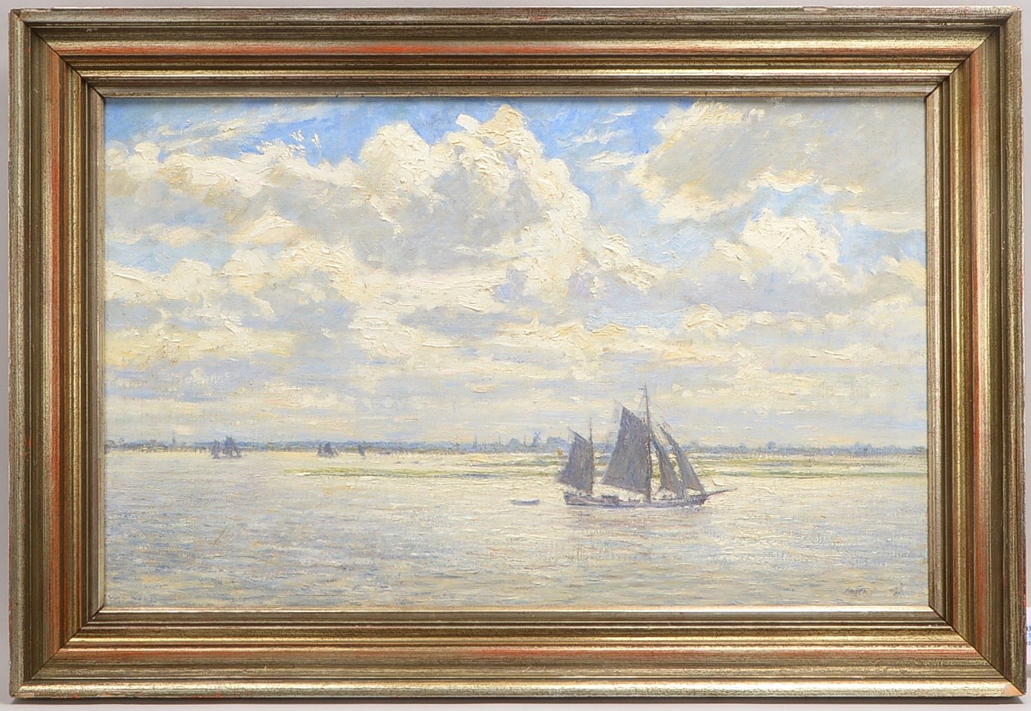 Gemälde, 'Seenlandschaft bei wolkigem Himmel', Öl/Lw, unten rechts (nicht eindeutig leserlich) signi