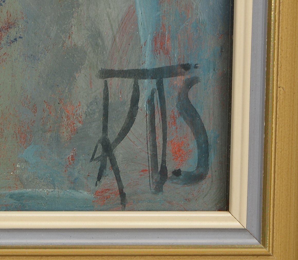 Monogrammist KTS, 'Belebte Straßenszene', Gouache auf Karton, unten rechts monogrammiert, hinter Gla