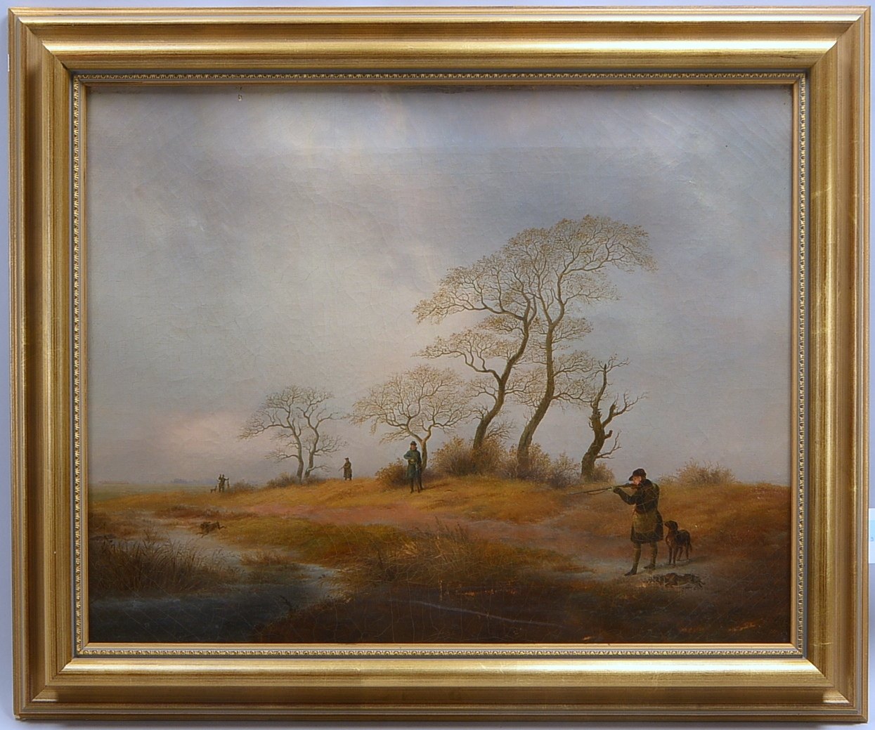 Gemälde (Anfang 19. Jahrhundert), 'Jagdgesellschaft in weiter Landschaft', Öl/Lw, Unsigniert (soweit