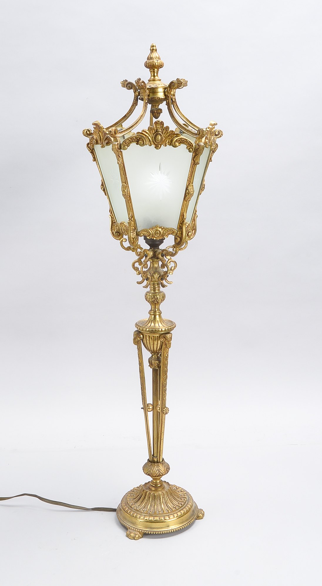 Standleuchter um 1920, 1-flammig, Bronzegestell in Laternenform, Schirm mit 5 Glasplatten - funktion