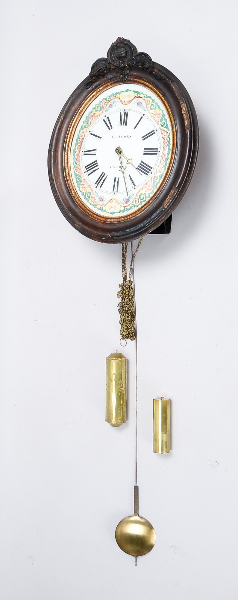 Wanduhr (Belgien, um 1870), Werk mit Schlag auf Glocke, mit Glas-Ziffernblatt, Pendel signiert 'F. J