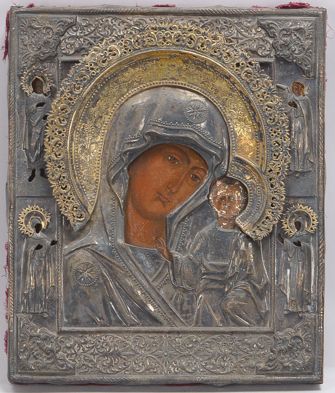 Ikone (Russland, datiert '1863'), 'Gottesmutter von Kazan', Tempera auf Holz, mit Silberoklad, 84 Zo