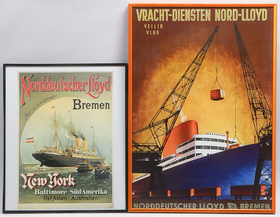 Zwei NDL-Werbeplakate: 'New York-Schnelldampfer' und 'Vracht-Diensten Nord-Lloyd', jeweils gerahmt;