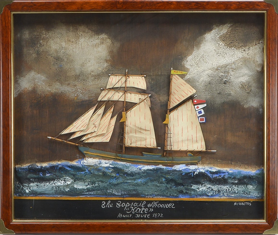 Maritimes Diorama-Bild der Topsail Schooner 'Kate', unten rechts signiert 'Pirnetas', Materialcollag