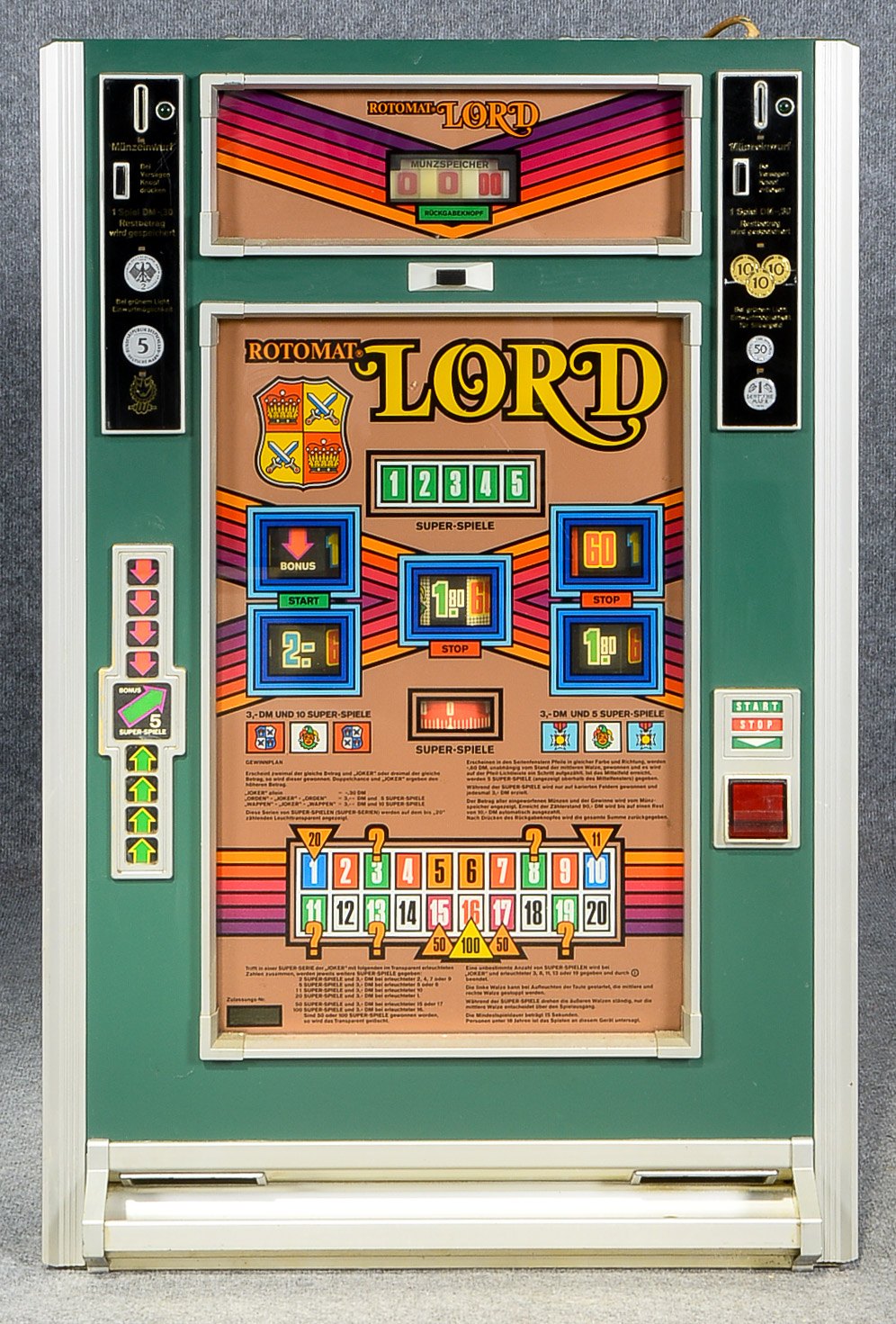 Geldspielautomat, Wulff Rotomat Lord, 70er Jahre, Funktion nicht geprüft; Breite 58 cm, Tiefe 27 cm,