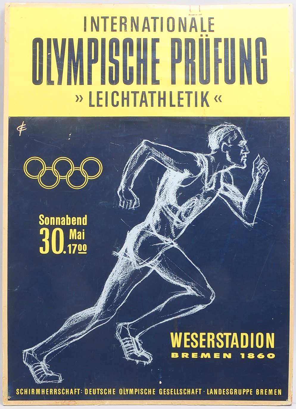 Altes Plakat: 'Internationale Olympische Prüfung - Leichtatlehtik - im Weserstadion, Bremen 1860, am