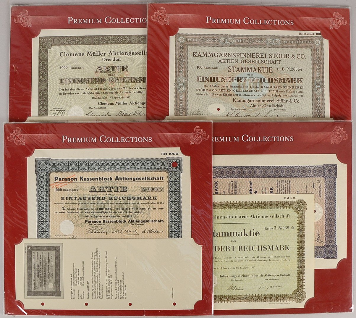 4 historische Aktien, Premium Sammler Collections, 1925-1935, Reichsmark, verschiedene Werte; Hüllen