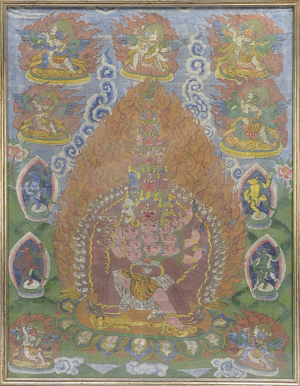 Thangka (Tibet), mehrfigurige Darstellung mit diversen Buddha-Motiven, Tempera auf Leintuch, hinter