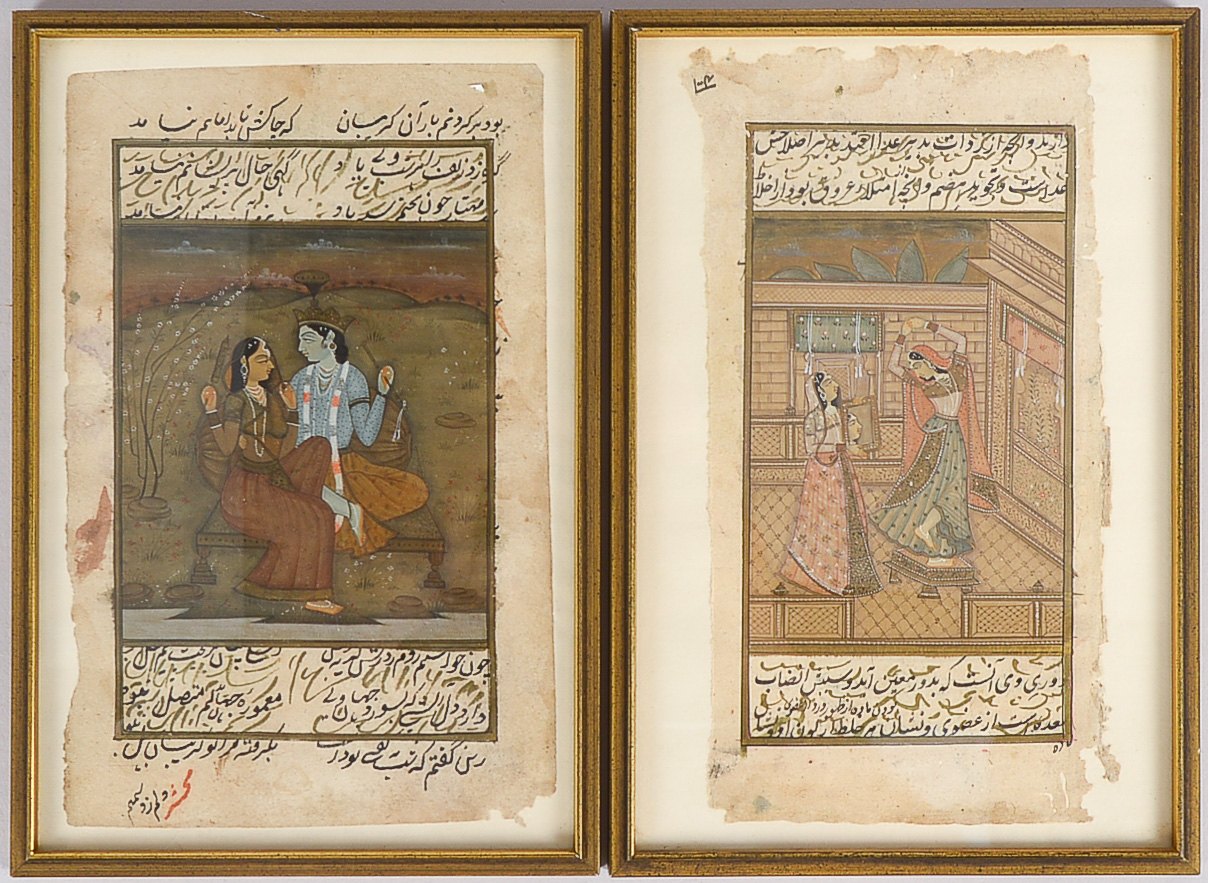 2 Miniaturmalereien (Moghul/Indien), 1x 'Tänzerinnen', und 1x 'Liebespaar', feine Malerei auf Papier