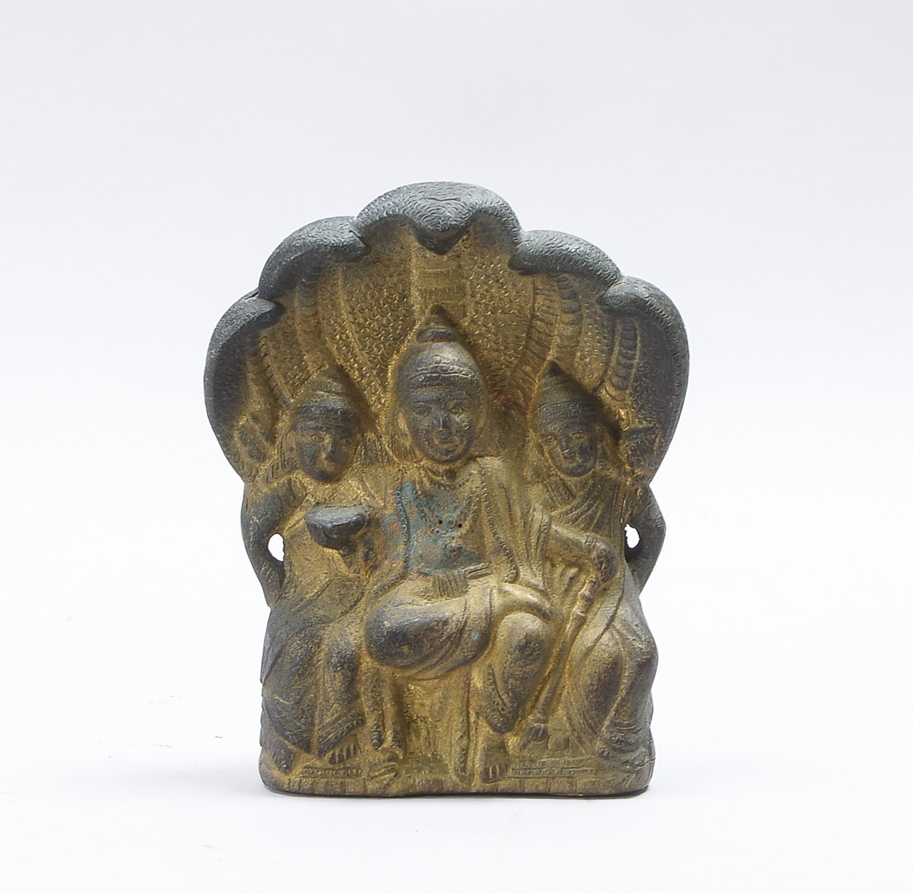 Mehrfigurige Bronze (Pakistan/Afghanistan), dreifigurige Gottheitsdarstellung, 'Vishnu, Sridevi und