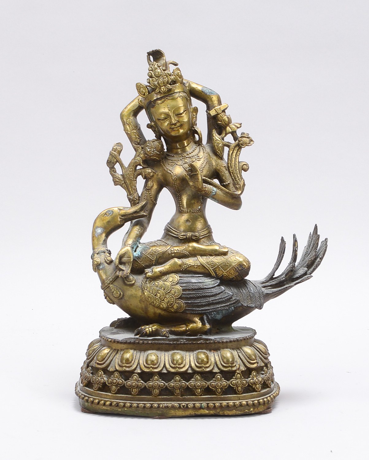 Bronzefigur (Tibet), 'Vijaya Tara' - 4-armige Göttin des Sieges, auf 'Heiliger Gans' sitzend dargest