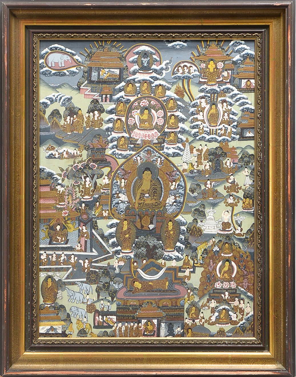 Thangka, Tibet/Nepal, Gouache, reichhaltige Szenerie aus dem Leben Buddhas, Sakyamunis gerahmt, unge