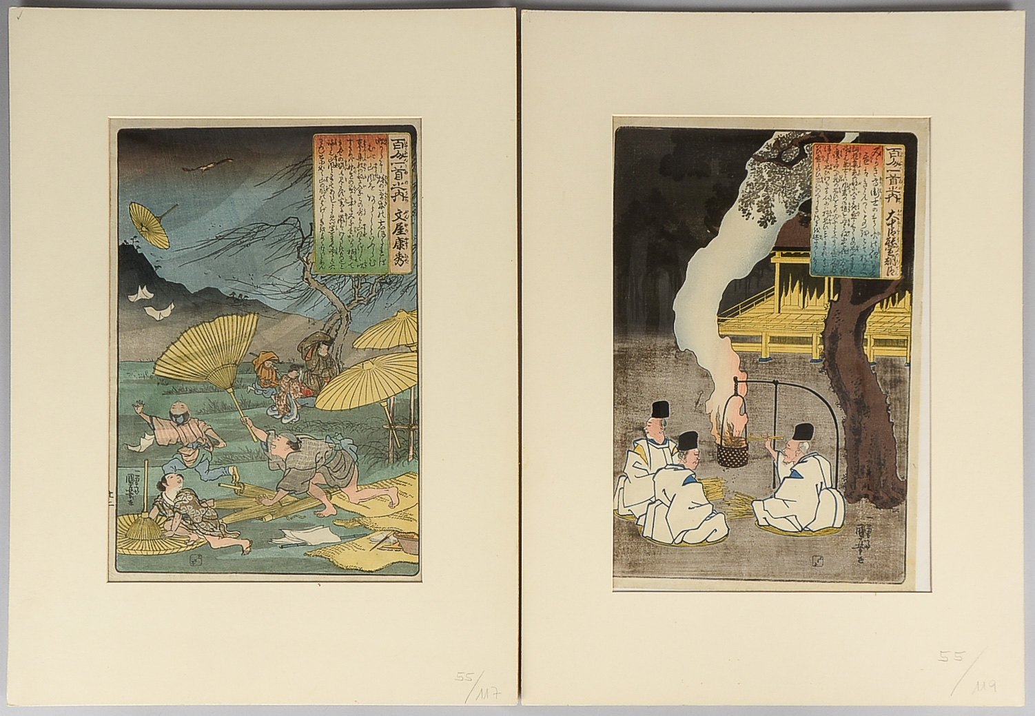 2 Farbholzschnitte aus bedeutender Japan-Sammlung, jeweils signiert; Maße 38 x 26 cm