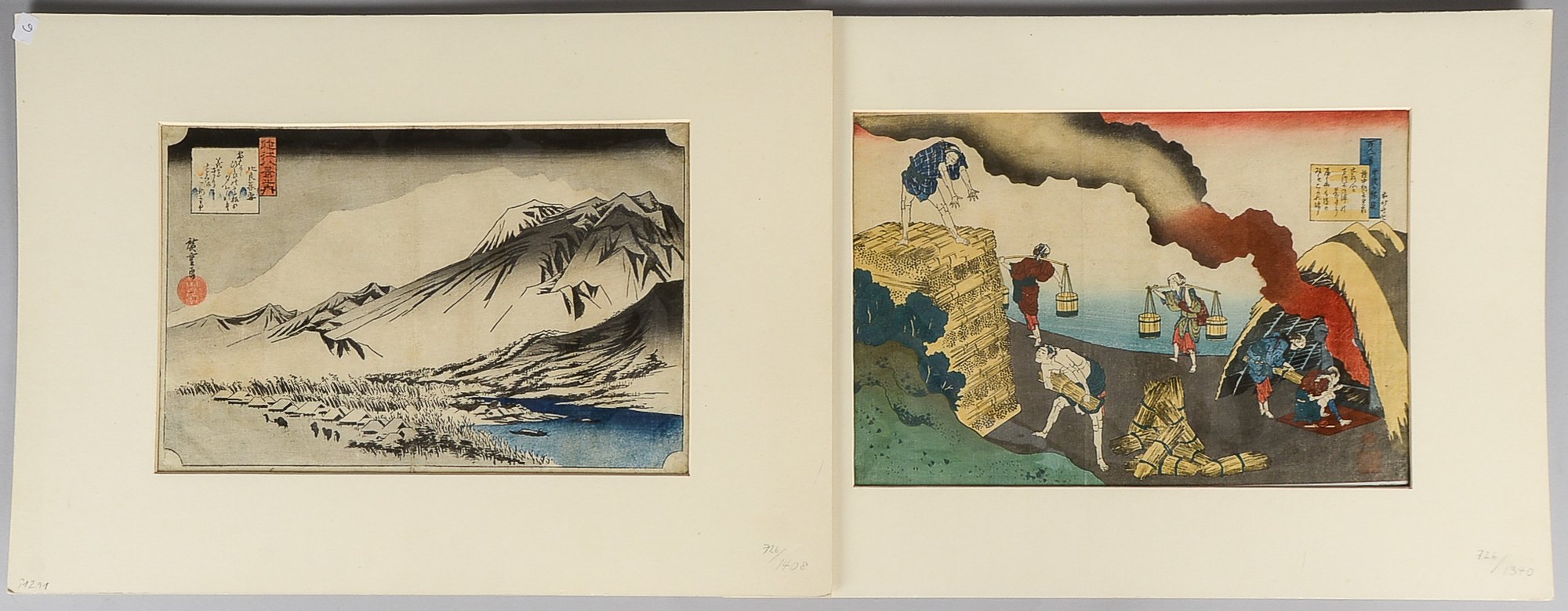 2 Farbholzschnitte aus bedeutender Japan-Sammlung, jeweils signiert; Maße 38 x 25 cm