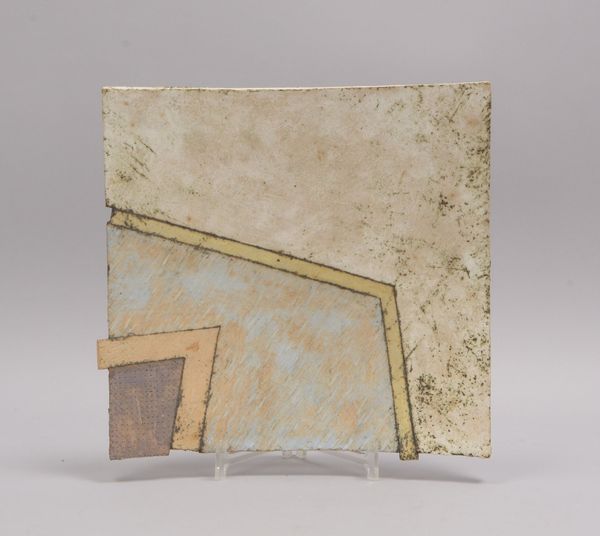 Grote, Sigrid, Künstler-Keramikschale, Steinzeug, quadratische Schale mit geometrischem Muster/farbi