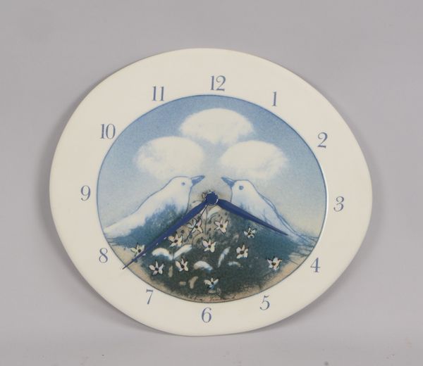 Arabia/Finnland, Wanduhr, Keramik, mit Vogelmotiv, Entwurf: Heljä Liukko-Sundström (*1938), 1984