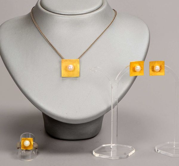 Designer-Schmuckset (Goldschmiedeanfertigung) 750 GG und Silber, mit Perlenbesatz, 3 Teile