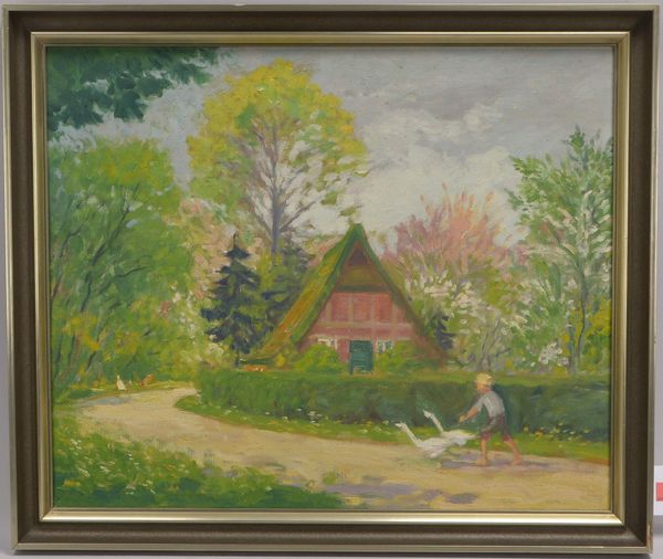 Gemälde, 'Gänsehirt', Öl/Lw, unsigniert; Bildmaße 52 x 63 cm, Rahmenmaße 59 x 70 cm
