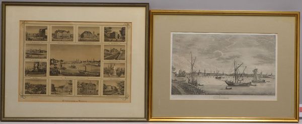 2 Bremer Ansichten, jeweils unter Passepartout hinter Glas gerahmt: 1 Kupferstich und 1 Lithografie