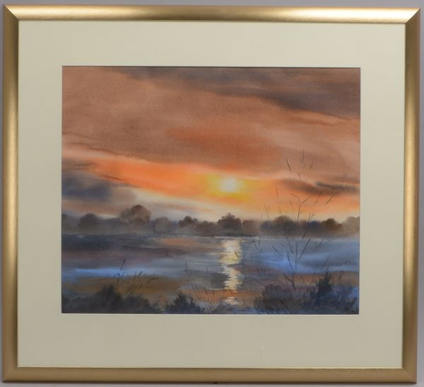 Aquarell (Künstler und Motiv wohl aus dem Ammerländer Raum), 'Seenlandschaft bei Sonnenuntergang'