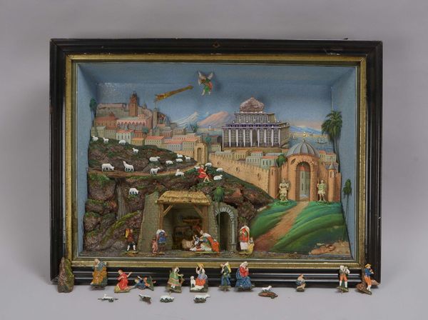 Diorama/Schaukasten, Motiv 'Geburt Christi - mit Stadtkulisse von Jerusalem' - Restaurationsobjekt!