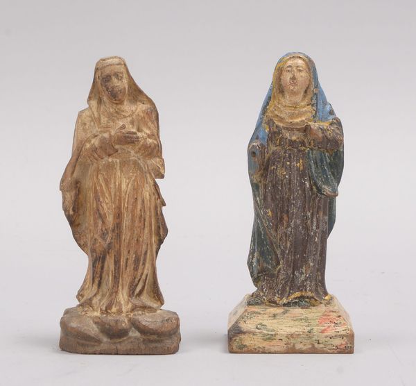 2 sakrale Figuren (wohl Südamerika), antik, 'Madonnendarstellungen', 1x farbig gefasst, 1x geweißt