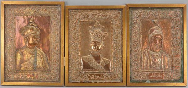 Konvolut Kupfer-Reliefbilder (Persien), 'Schah-Darstellungen', handgetrieben, Portraits jeweils bez.