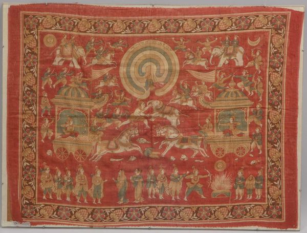 Handdruck (Indien, antik), 'Kampfszenen mit Personen und Tieren', hinter Glas gerahmt