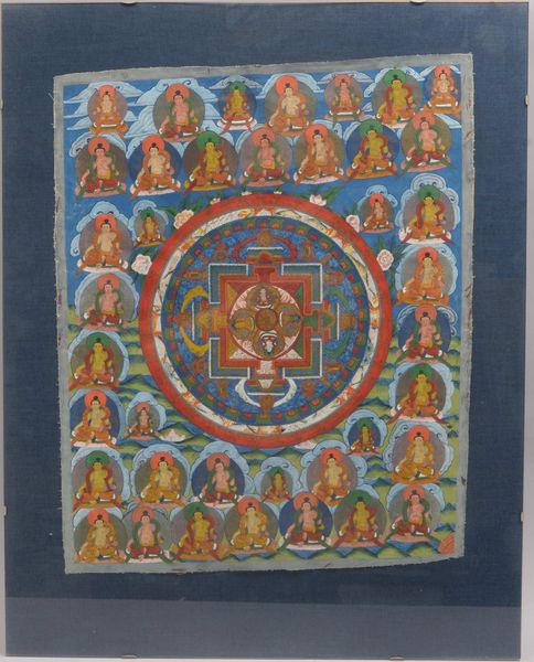 Buddhistischer Thangka, zentrales 'Bardo-Mandala' umlaufend von 39-fachen 'Gottheiten'-Darstellungen