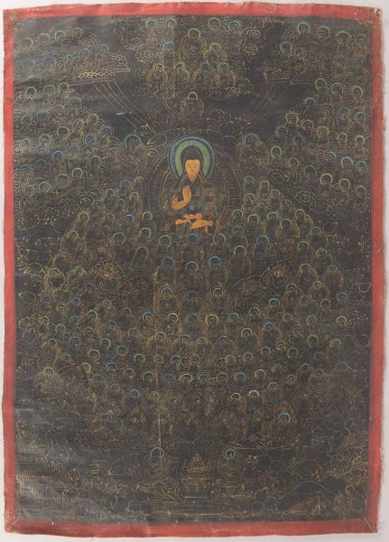 Thangka (Tibet), alt, Malerei auf Leinwand: 'Buddhafigur in Mudrahaltung' als zentrale Darstellung