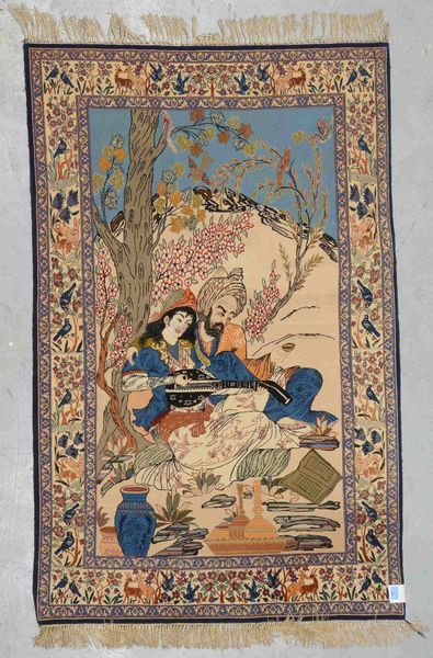 Isfahan/Bilderteppich (Iran), Korkwolle auf Seide, sehr feine feste Knüpfung