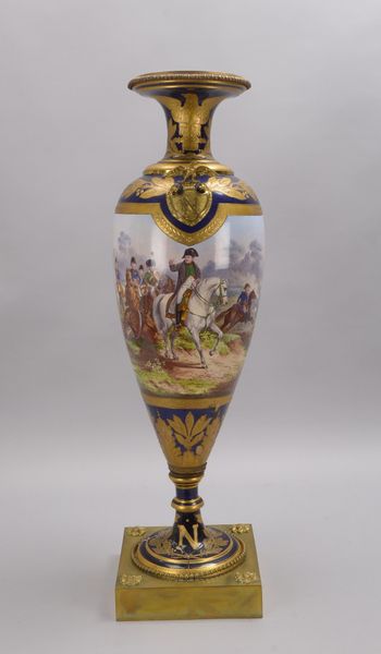 Vase (Sèvres-Stil), Steinzeug, ovoider Korpus, kobaltblau, 'Napoleon'-Motiv