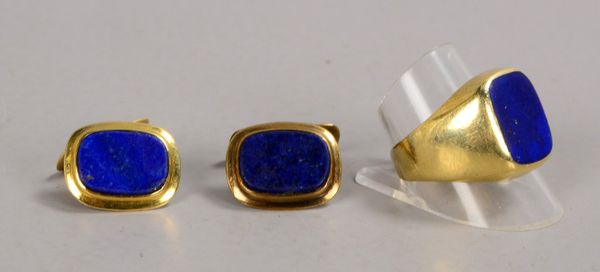 Herren-Schmuckset, 2-teilig, 585 GG/333 GG (gestempelt), mit Lapislazuli-Besatz: Paar Manschettenknö